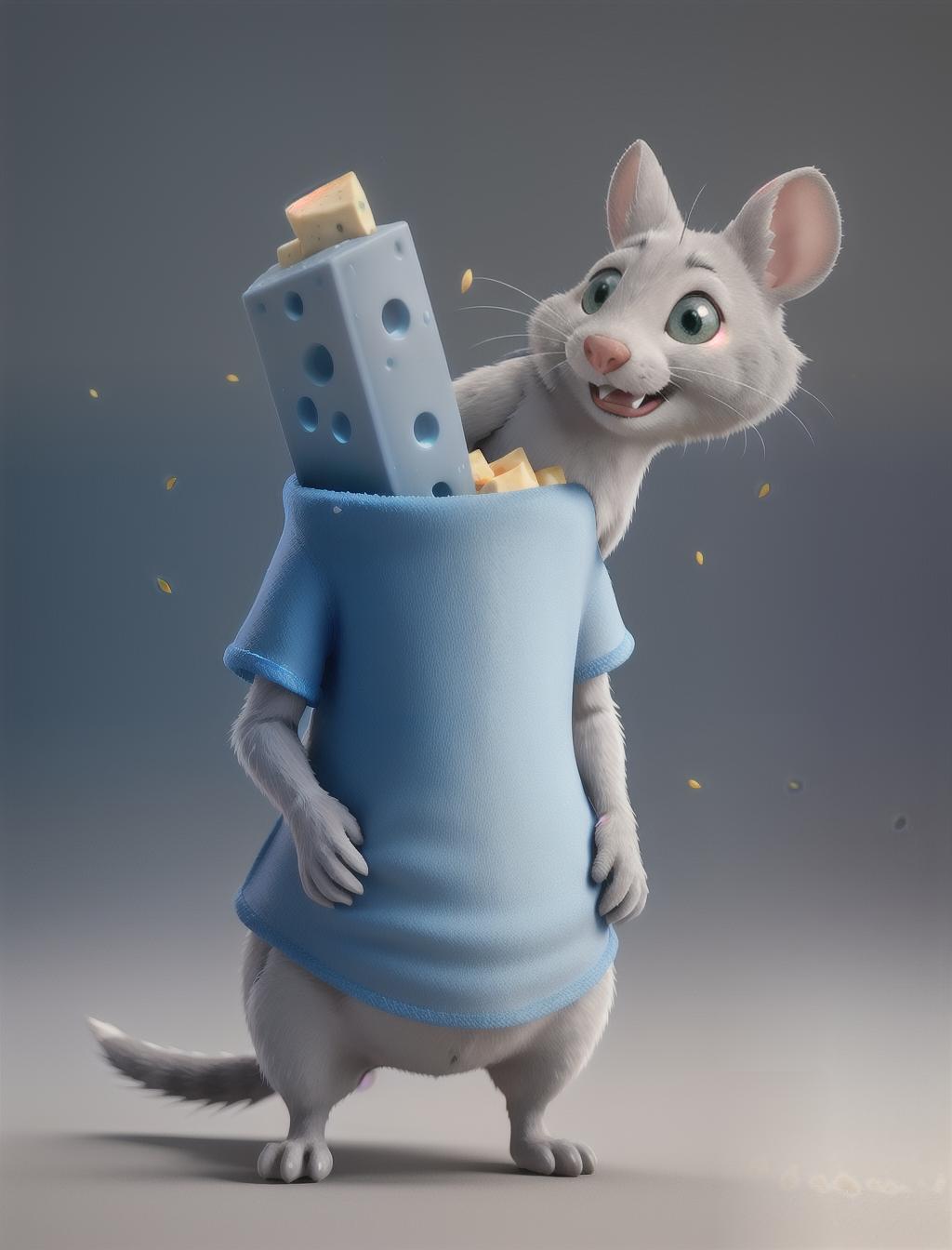  Cute grey mouse wearing a blue t shirt eating cheese hyperrealistic, full body, detailed clothing, highly detailed, cinematic lighting, stunningly beautiful, intricate, sharp focus, f/1. 8, 85mm, (centered image composition), (professionally color graded), ((bright soft diffused light)), volumetric fog, trending on instagram, trending on tumblr, HDR 4K, 8K