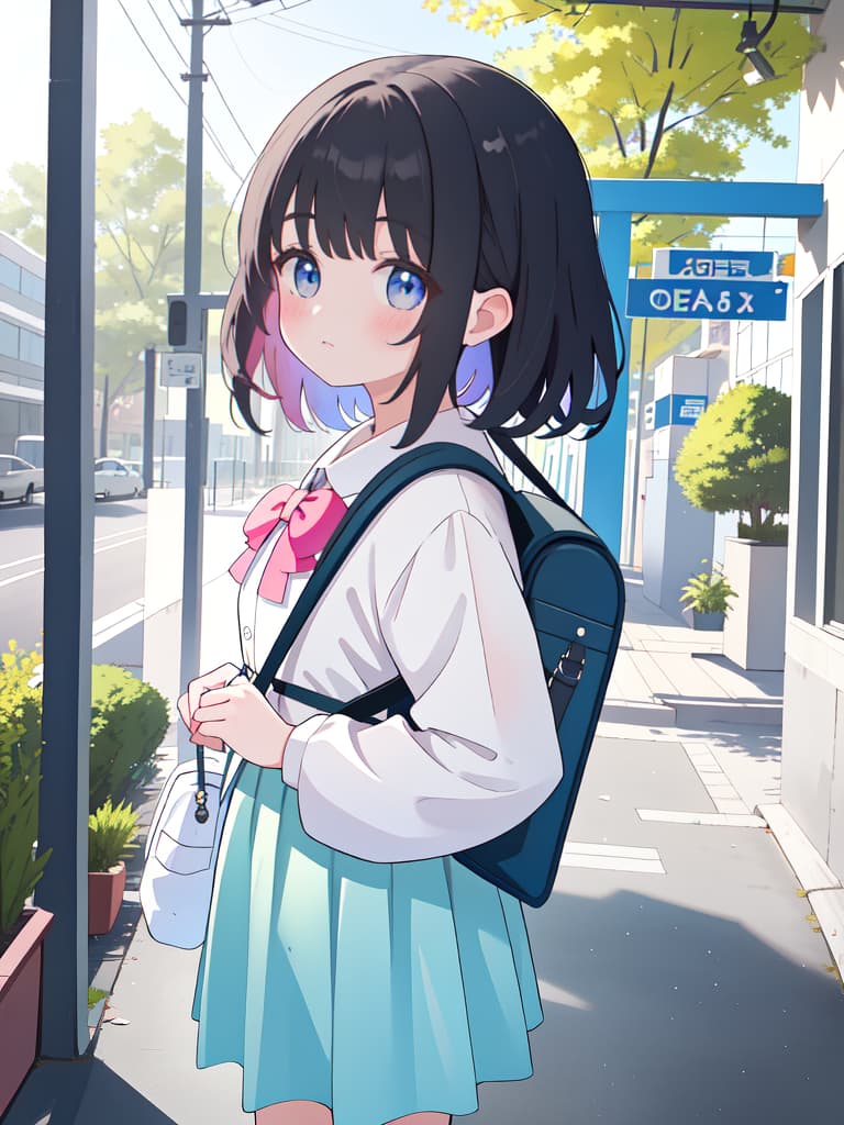  girl, backpack, in front of the entrance, doyer face, masterpiece, best quality,8k,ultra detailed,high resolution,an extremely delicate and beautiful,hyper detail