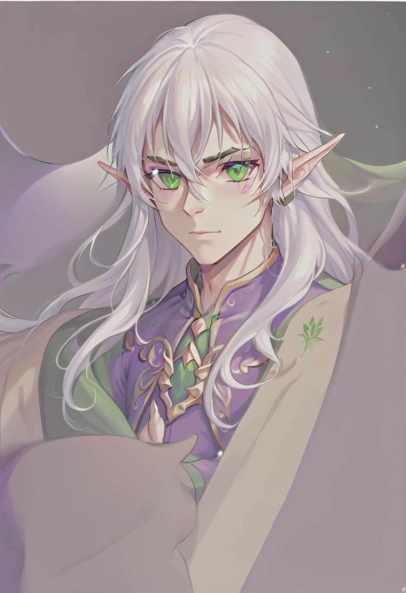  man, elf, long white hair, green eyes, purple clothes, sticker