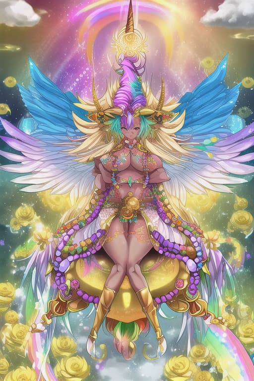  An African goddess who has a unicorn horn in the middle of her forehead along with rainbow dreadlocks falling down her back and fluffy white angel wings sit on a giant golden lotus flower.