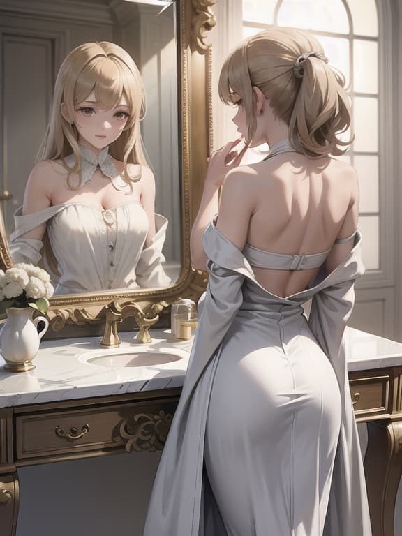  master piece, best quality, ultra detailed, highres, 4k.8k, elegant woman, posing in a graceful manner, admiring her reflection, confident and alluring, break celebration of feminine beauty, luxurious dressing room, elegant mirror, perfume bottles, vanity table, silk robe, break sophisticated and elegant, soft lighting, subtle shadows, a touch of glamour,