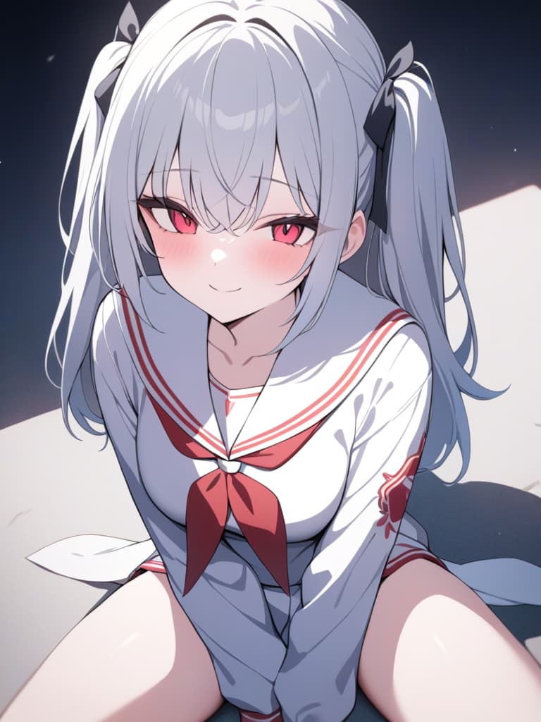  illness, twin tail, sailor suit, menhera, yandere, sitting on the ground, smile, masterpiece, best quality,8k,ultra detailed,high resolution,an extremely delicate and beautiful,hyper detail