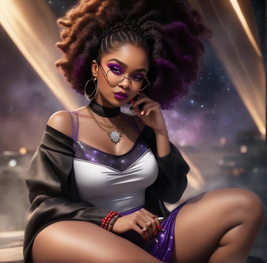  round face,black woman,with freckles,4c hair texture ponytail,big ,wearing black squared glasses,smoking a cigar with her right hand,with an aries zodiac sign necklace around her neck, wearing a red and purple flowing dress, in a pretty galaxy