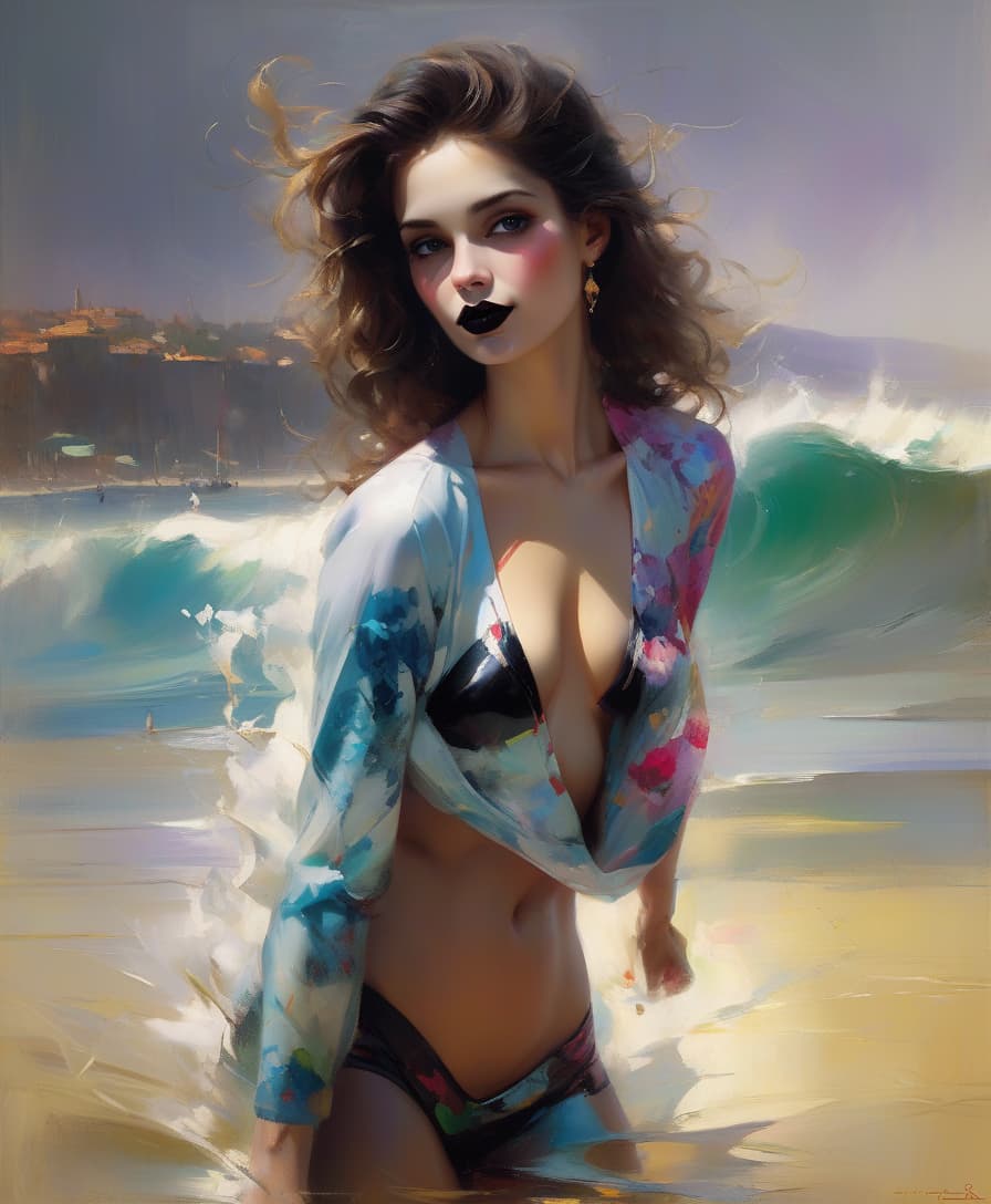  portrait by pino daeni, vladimir volegov, alberto seveso, surfer woman, with voluminous , detailed background, dark art, black lipstick, perfect details, night, colorful, cute, perfect face.