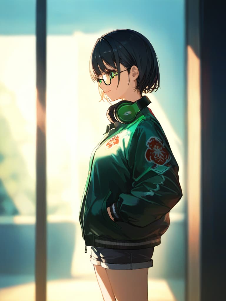  ((black hair,green mesh: 1.5,glasses,black rimmed glasses,grinning,fearless smile,bob hair,bob hair over ears,headphones around neck,hands in pockets: 1.5,sukajan jacket,shorts,cute,green eyes))、ultra detailed,best shadow,cute and beautiful face,(masterpiece:1.2),(best quality:1.2),detailed background,high contrast,(best illumination,an extremely delicate and beautiful),((cinematic light)),hyper detail,dramatic light,intricate details,8k,anime,very aesthetic