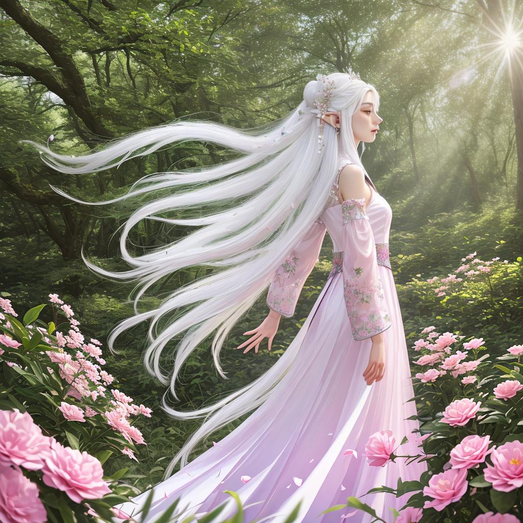  masterpiece, best quality, (masterpiece, best quality, high quality, highres, ultra-detailed), realistic,1 sweet , the greater, (side id:1.1), long hair,((white hair)), leaf hair ornament, elf, green eyes, pale skin, bare shoulders, jewelry, white long dress, big s,full body slender, Beautiful figure like a Chinese and Korean model.. ,(detached sleeves:1.1), celet, (looking away:1.2), (hair floating:1.3), from side, (in forest:1.3), (pink flowers:1.1), (falling petals:1.1), (lens flare from right:1.2)