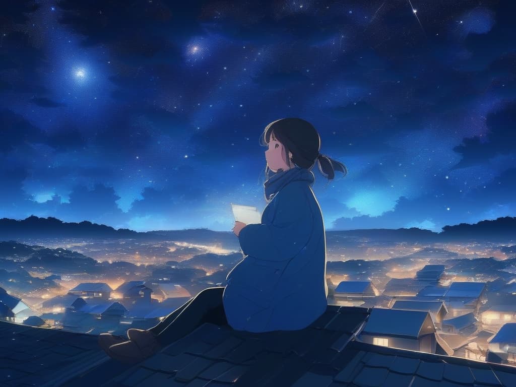  roof, night view, starry sky, girls, single, scenery