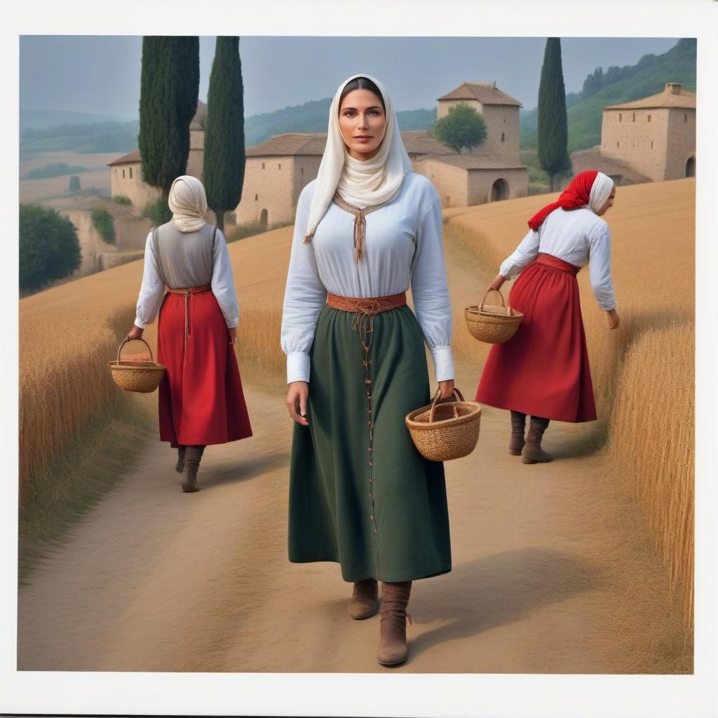  Peasant women hold a sickle and a basket European faces hyperrealistic, full body, detailed clothing, highly detailed, cinematic lighting, stunningly beautiful, intricate, sharp focus, f/1. 8, 85mm, (centered image composition), (professionally color graded), ((bright soft diffused light)), volumetric fog, trending on instagram, trending on tumblr, HDR 4K, 8K