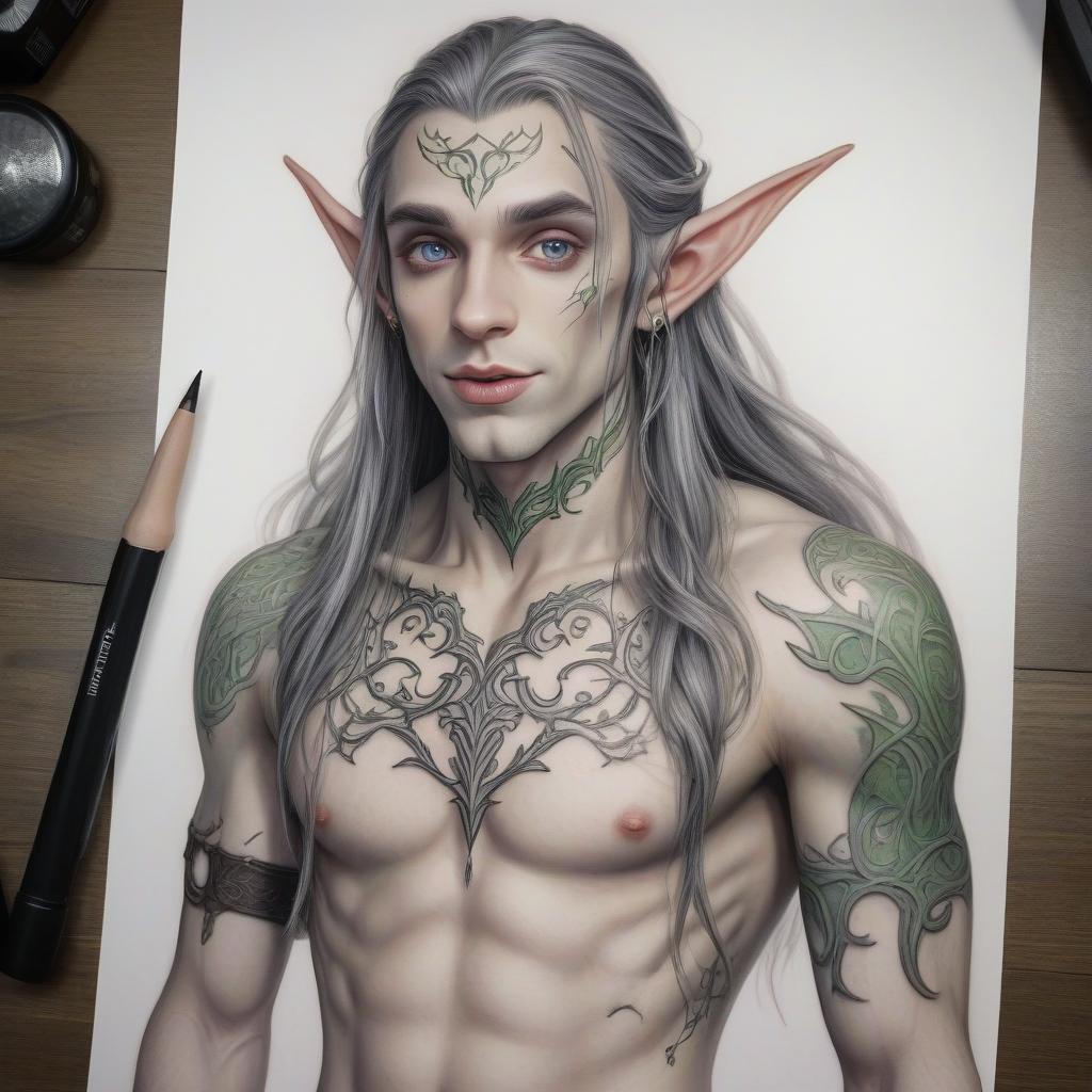  tattoo elvish tongue on the shoulders and torso of a long haired elf