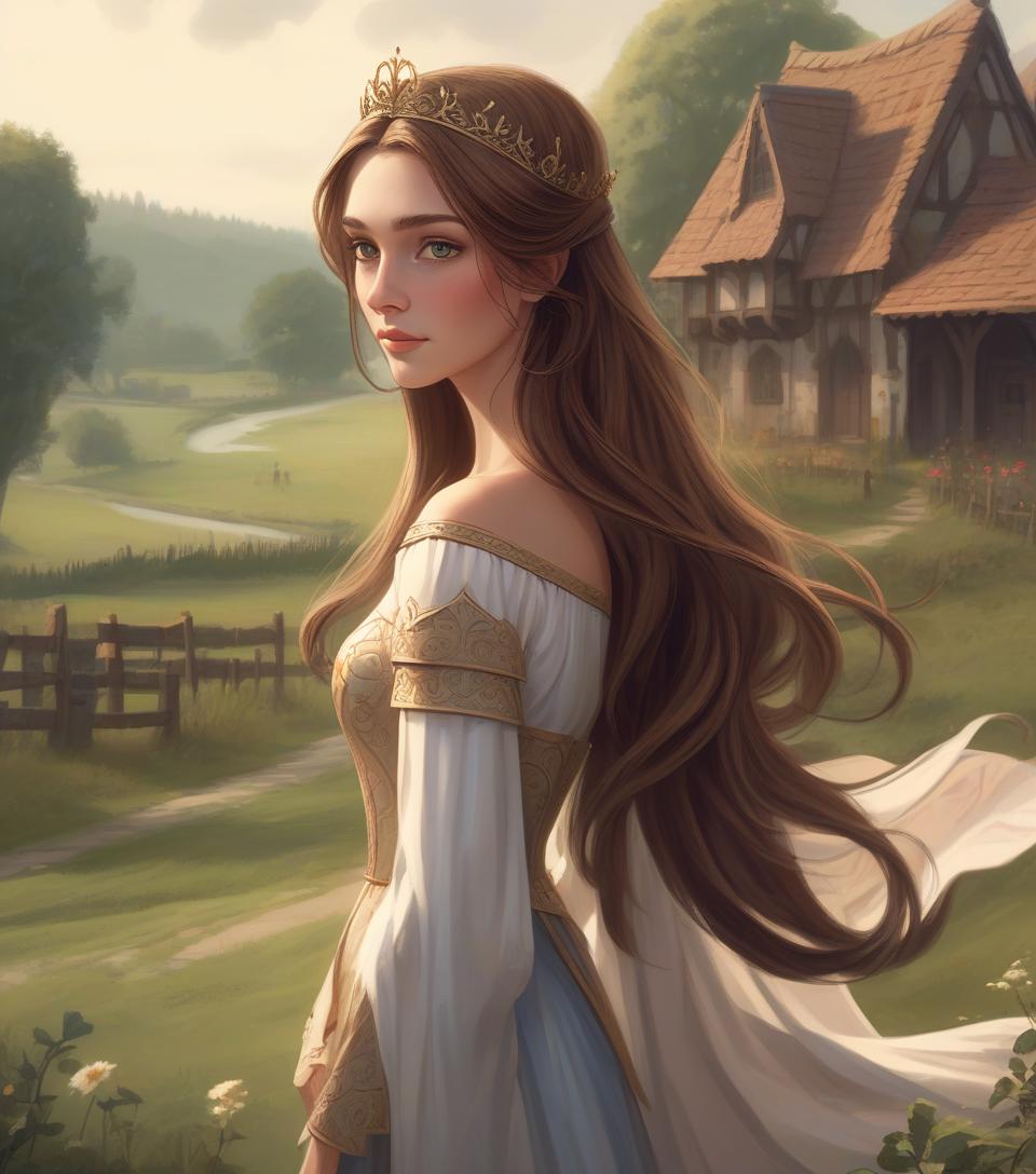  concept art middle age princess, countryside, thin, long brown hair . digital artwork, illustrative, painterly, matte painting, highly detailed