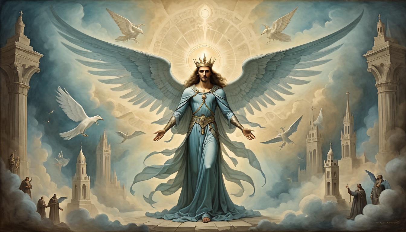  on parchment, surrealism+++, a radiant figure surrounded by dim figures, central light source, angelic wings faintly visible, ethereal light, beatific presence(mysterious, provocative, symbolic,muted color)+++