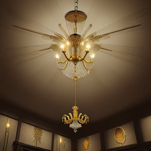  a modern style large chandelier, with brown feather hanging glass pieces and a golden lamp body.