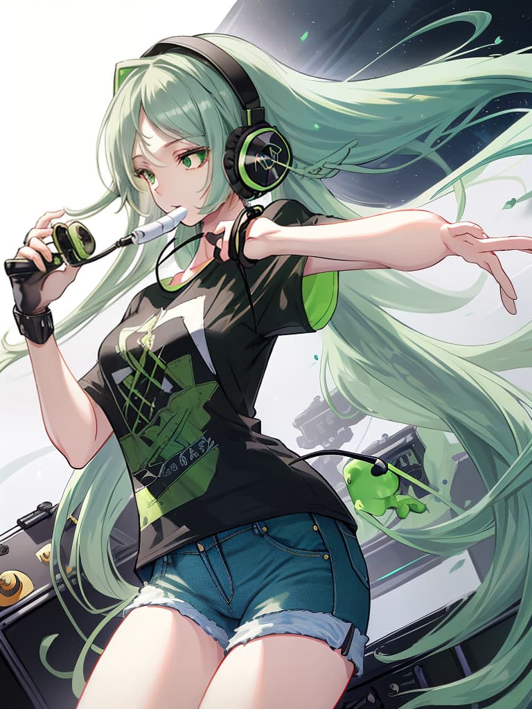  (white background:1.3),(extremely detailed fine touch:1.3),(hard light,studio light,light rays,dappled light,reflection,shadows,ray tracing:1.0),///,,(((green very long hair:1.3))),headphone,forehead,having a bird's eye view,anime style,super fine ilration,highly detailed,dynamic angle,beautiful detailed,8k,on stage break a woman,(((headphone:1.3))),on both ,strumming an electric guitar. she arches her back,closes her eyes and looks joyful. break a spotlight shines on her,(t shirt:1.3),(denim shorts:1.3),(black les paul custom:1.3)