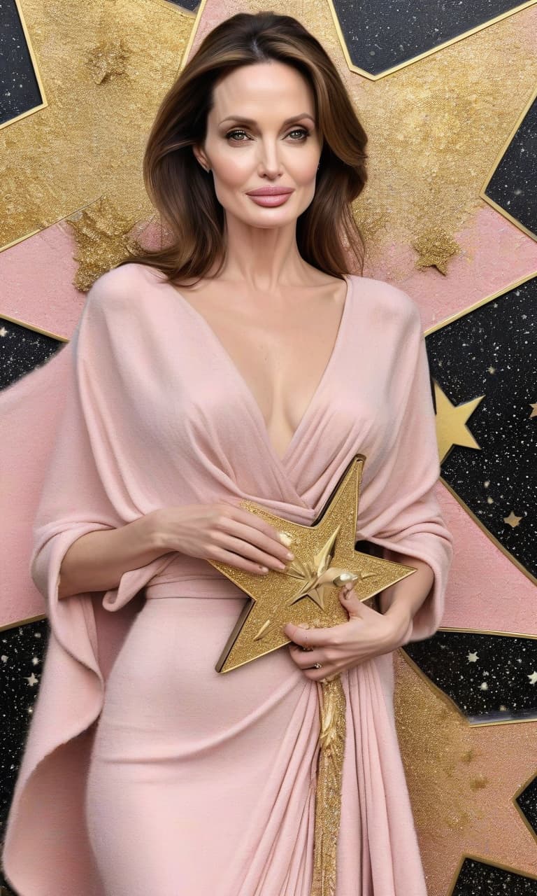  concept art pink, gold, black, white hollywood walk of fame angelina jolie holds a star in her arms . digital artwork, illustrative, painterly, matte painting, highly detailed, perfect hands