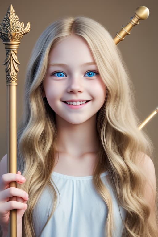  cute modern young adukt girl long wavy blonde hair blue eyes shy smile white skin holding a bronze sceptre epic background