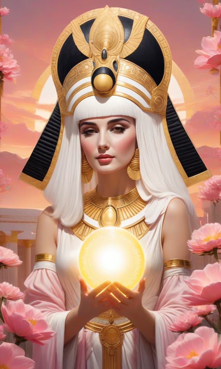  concept art color pink, white, black, gold cleopatra holds the sun in her hands . digital artwork, illustrative, painterly, matte painting, highly detailed, perfect hands