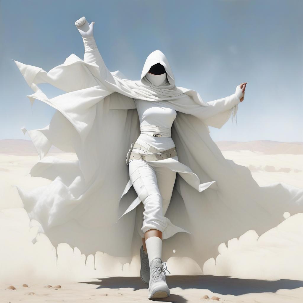  a very thin, slender girl with a black spot instead of a face, with a white scarf on the lower part of her face, in a white suit of white bandages, in white sleeves, with natural fingers in white gloves, in a white ragged cloak, with large round holes throughout the area of the cloak, in laced grey shoes. hands up. a pointed hood. big square buckles. three wide belts on the belt. gray laced shoes.