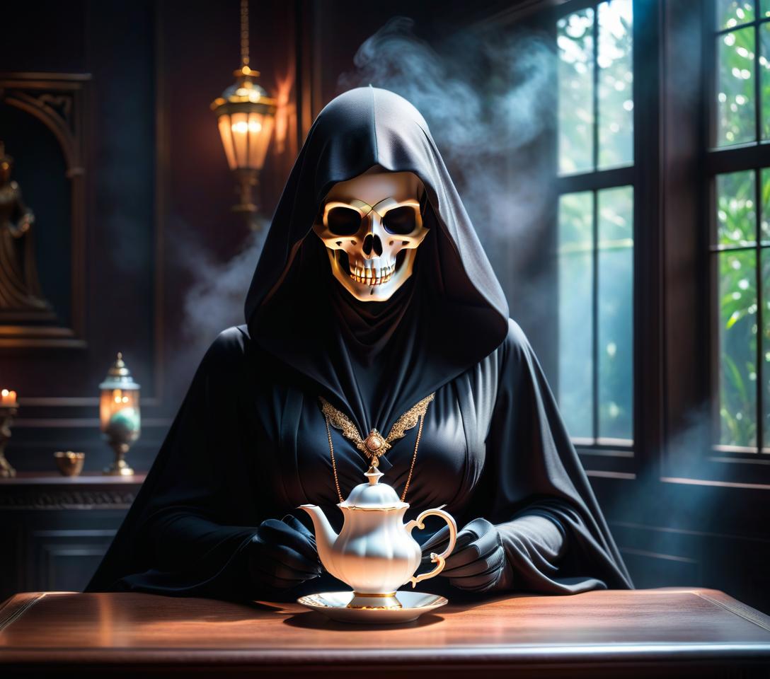  ethereal fantasy concept art of a bone death. a cup of tea and sweets on the table. tea party . magnificent, celestial, ethereal, painterly, epic, majestic, magical, fantasy art, cover art, dreamy, logo hyperrealistic, full body, detailed clothing, highly detailed, cinematic lighting, stunningly beautiful, intricate, sharp focus, f/1. 8, 85mm, (centered image composition), (professionally color graded), ((bright soft diffused light)), volumetric fog, trending on instagram, trending on tumblr, HDR 4K, 8K