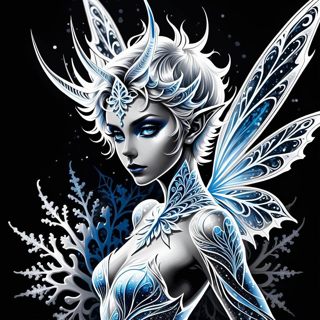  gothic style fine, fine fractal glitter bright ice line ink sketch on black background, (ice pixie silhouette:1.3), ice outline outline, snowflake outline, ice pixie with snow wings. (ice colour):pearl grey,grey white,pearl blue,snow white. . dark, mysterious, haunting, dramatic, ornate, detailed