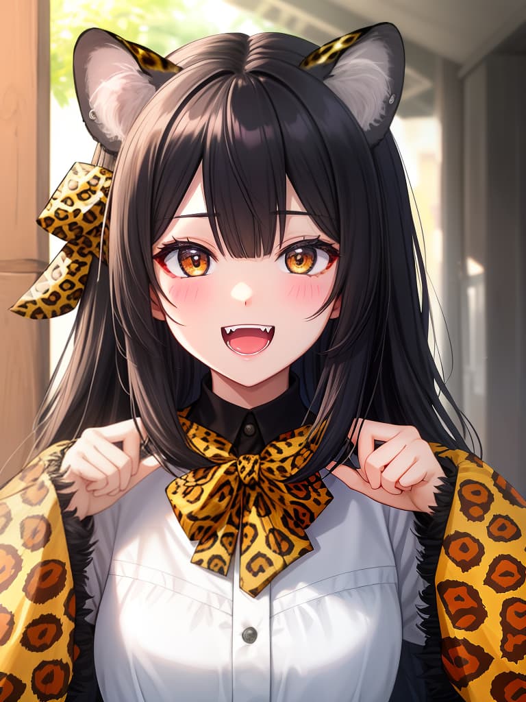  (fangs)masterpiece,beautiful girl ((leopard ears))(posed barking with both hands)(fangs)(in leopard print blouse)(close up of upper body、((胸が小さ目))high quality 8k