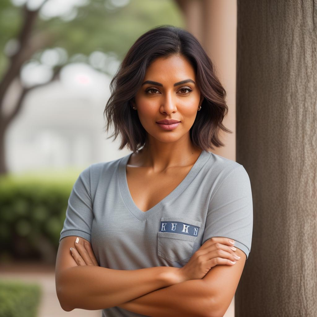  (((realistic full torso frontal head shot of a light brown to medium brown skin tone woman))), gita nisha sumanian, ((indian heritage)), immature face, hazel eye color, ((short hair style)), (( hair color)), (( body type)), small size, small size, (immature straight nose), (immature prominent cheekbones), (immature smooth jawline), (immature full lips), (immature broad forehead), (immature even eyebrows), (immature dimpled chin), standing straight looking directly into the camera,((wearing fitted polo shirt with deep v neck and monogrammed pocket)), backyard in background, 1girl, best quality, highest quality, award winning photo, masterpiece, raw, professional photography, photorealism, sharp focus, cinema hyperrealistic, full body, detailed clothing, highly detailed, cinematic lighting, stunningly beautiful, intricate, sharp focus, f/1. 8, 85mm, (centered image composition), (professionally color graded), ((bright soft diffused light)), volumetric fog, trending on instagram, trending on tumblr, HDR 4K, 8K