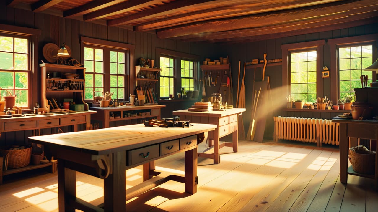  a cozy workshop filled with various woodworking tools, finished wooden items like furniture and decor displayed prominently, sunlight streaming through a window, sawdust on the floor, and a person sanding a wooden project. hyperrealistic, full body, detailed clothing, highly detailed, cinematic lighting, stunningly beautiful, intricate, sharp focus, f/1. 8, 85mm, (centered image composition), (professionally color graded), ((bright soft diffused light)), volumetric fog, trending on instagram, trending on tumblr, HDR 4K, 8K