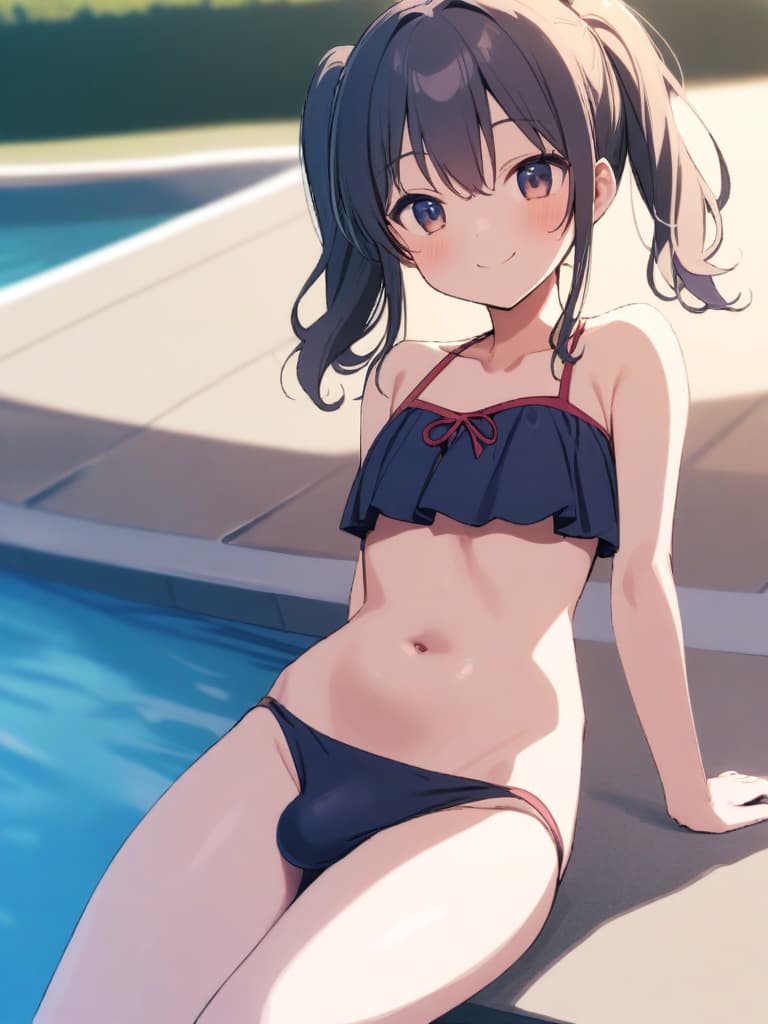  women's elementary students, dark blue swimwear, old swimwear, swimwear, , simple, male bulge, / swelling, shaped clear, , front, cute smile, twin tails, whole body, pool side, poolside,