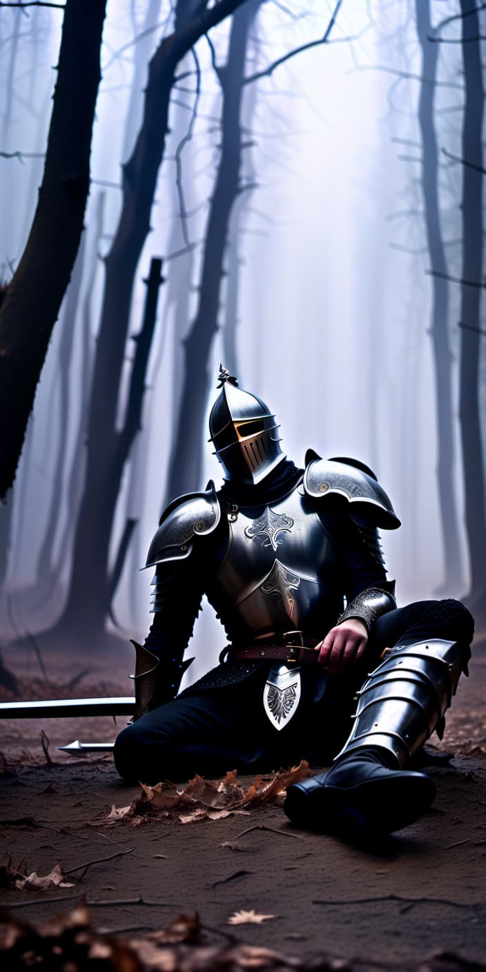  a knight in black armor lies exhausted in a misty forest with leafless trees