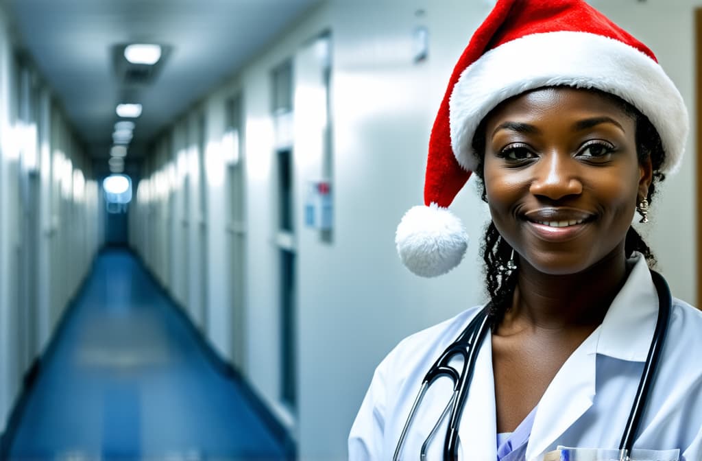  black female doctor in santa hat in hospital corridor on left, atmospheric, on right space for text ar 3:2, (natural skin texture), highly detailed face, depth of field, hyperrealism, soft light, muted colors