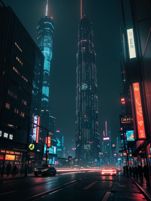  master piece, best quality, ultra detailed, highres, 4k.8k, huge android., standing tall and imposing., serene and enigmatic., break rustic yet futuristic., dystopian cityscape., skyscrapers, neon signs, and flying vehicles., break a sense of eerie calm amidst the chaos of the city., subtle glow and reflections from the neon lights, creating a cyberpunk ambiance.,