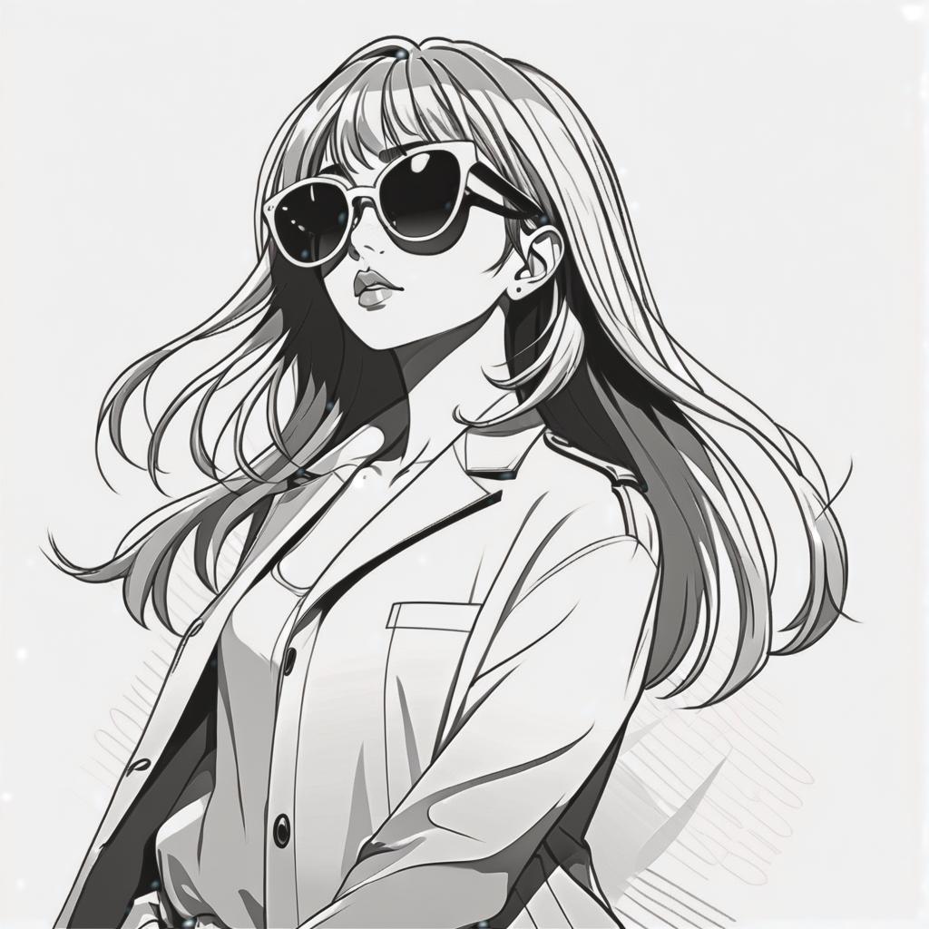  line art drawing sunglasses girl rich life, battle stance, same nightmare. anime style . professional, sleek, modern, minimalist, graphic, line art, vector graphics