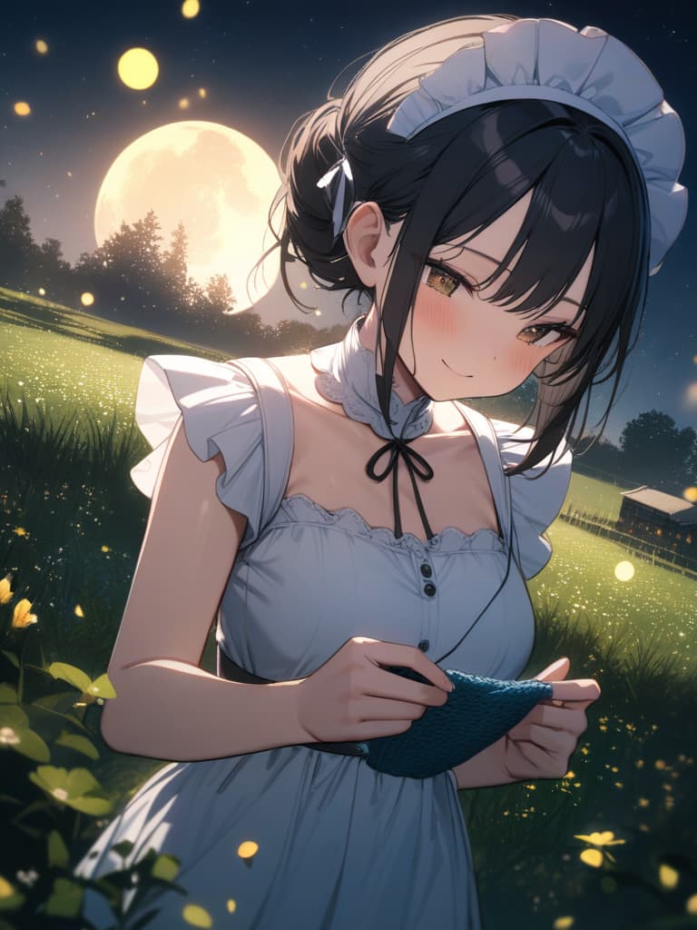  black hair, knitting, maid, , , meadow, moon, night sky, smile, bouquet, fireflies, summer clothes, gles girls, gles, masterpiece, best quality,8k,ultra detailed,high resolution,an extremely delicate and beautiful,hyper detail