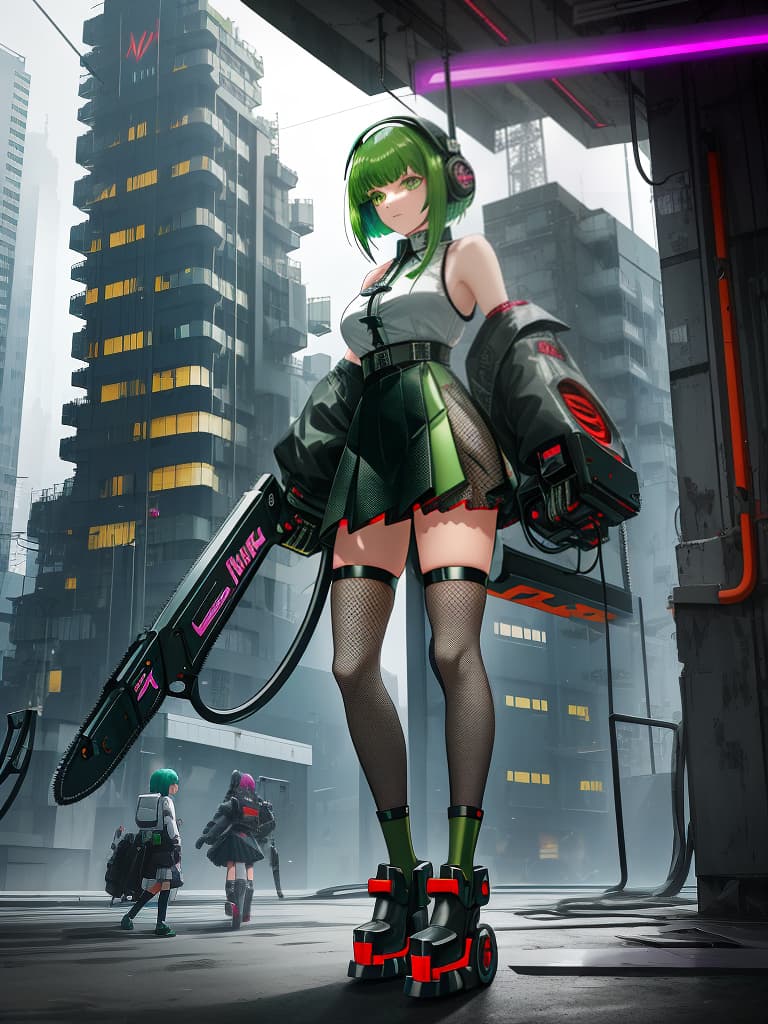  cyberpunk mecha girl bangs fishnet socks fish net fishnet fishnet thighhhighs mini skirt skirt skirt skirt skirt psycho high socks (headphones) short hair beast beast green hair milk face each woman circular saw circular saw cyborg machine's arm (multiple) pile bunker prosthesis prosthesis science fiction single gauntlem