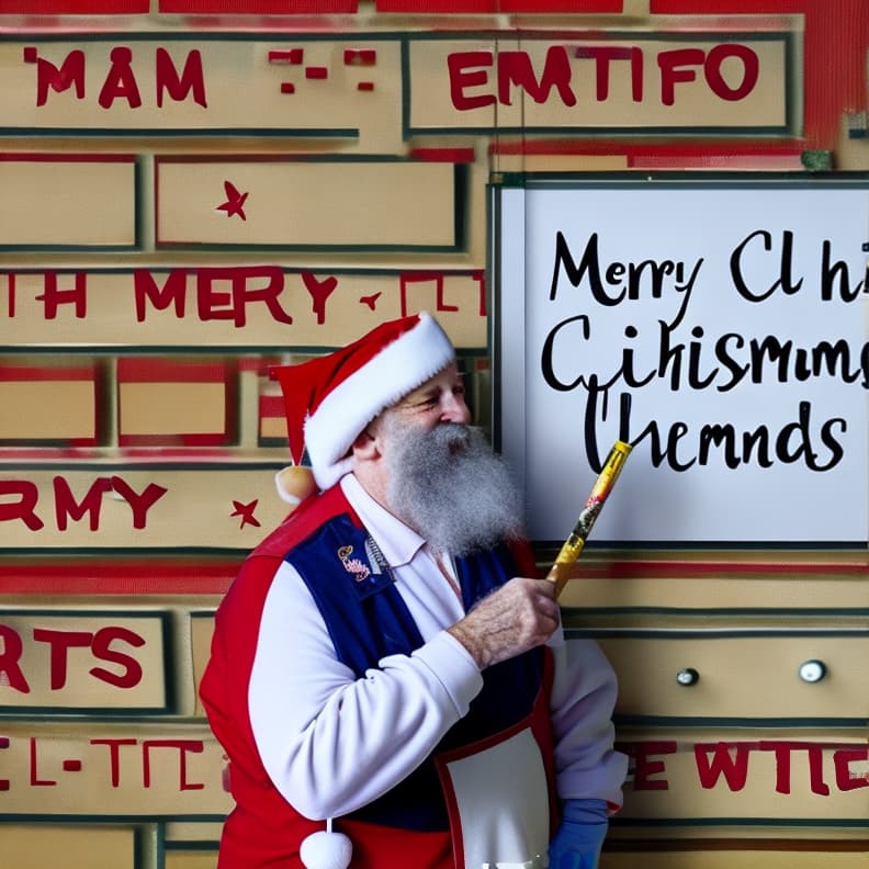  a man with a white beard mid to late 40s wearing a full santa suit painting the words on a long wall with a paint roller and an extension pole that says merry christmas friends and family welcome.