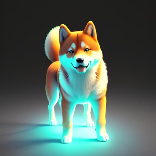  Transparent hologram of a Shiba Inu, mid-walk, appearing to wag its tail, ethereal glow, cast on a dark backdrop, precise edges and intricate fur texture visible, floating slightly above the surface it is projected on, ambient light reflecting off its digital form, volumetric effect, ultra-fine details in a 3D digital rendering