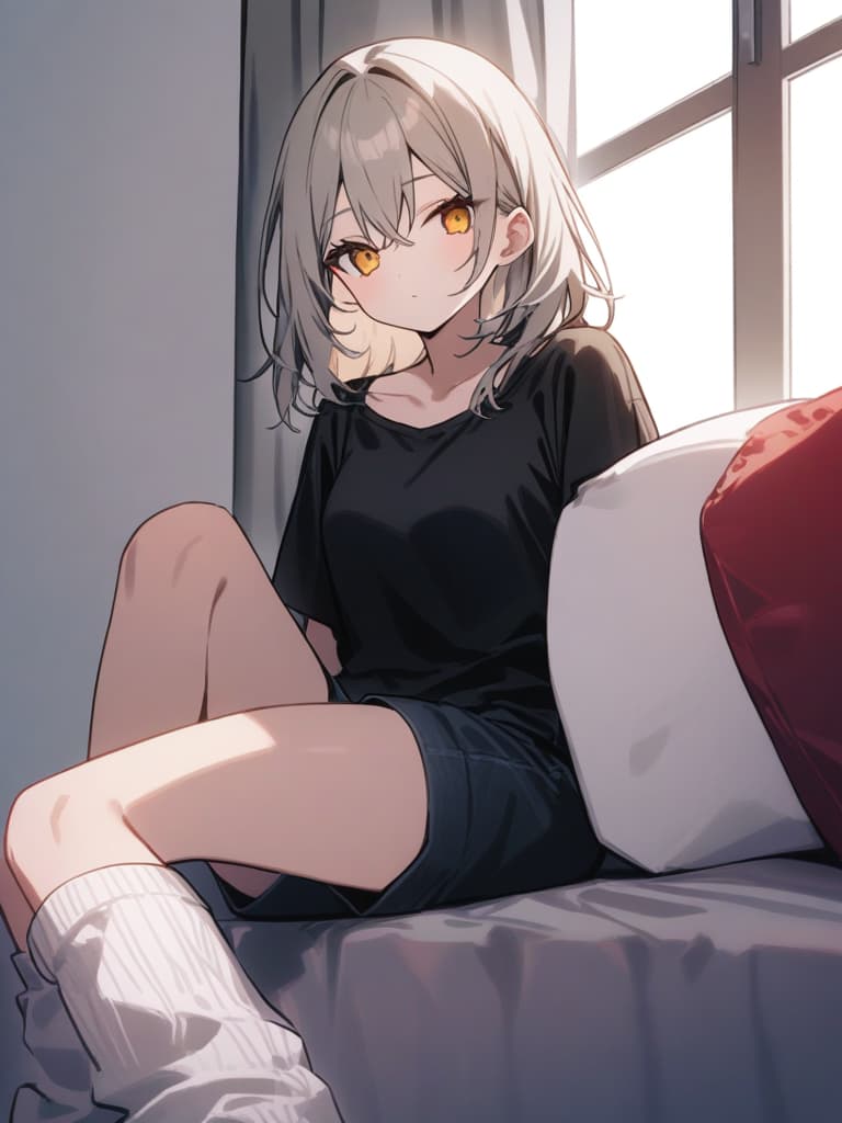  (loose socks: 1.3), silverbeige hair, yellow eyes, black t shirt, shorts, best quality, masterpiece, (from front: 1.2),