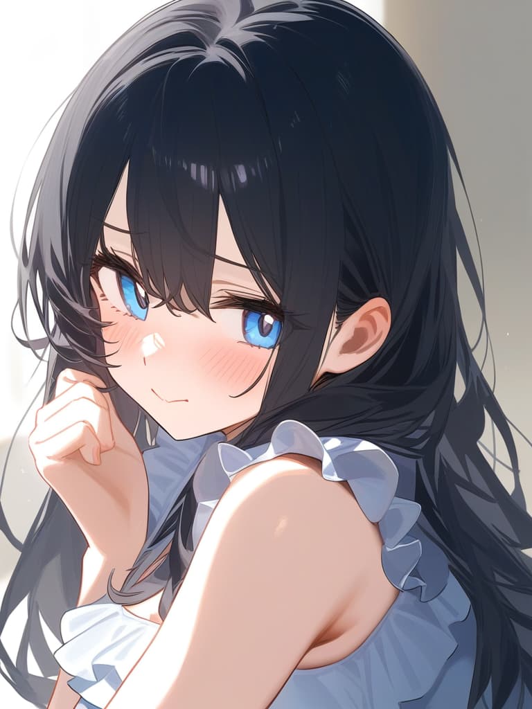  cute face focus,cute,black hair,light blue eyes,cute posing,frill onepiece,long hair,adult,shy