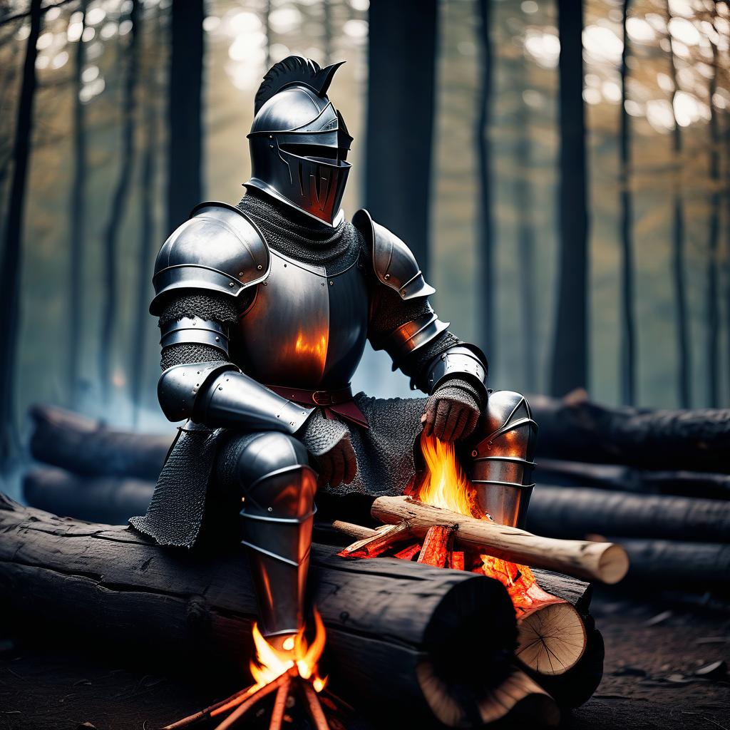  cinematic photo dark fantasy,huge knight,huge knight and the bonfire,huge knight is sitting on a log,atmospheric,wood . 35mm photograph, film, bokeh, professional, 4k, highly detailed