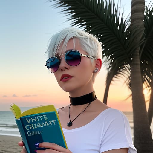  a woman with white hair, a short haircut "pixie." in sunglasses, a t shirt top, with a choker around her neck, stands against a neon sunset. in full height. in her hand holds a book. coast of the sea, shade of palm trees. digital photo. high detail. high realism.