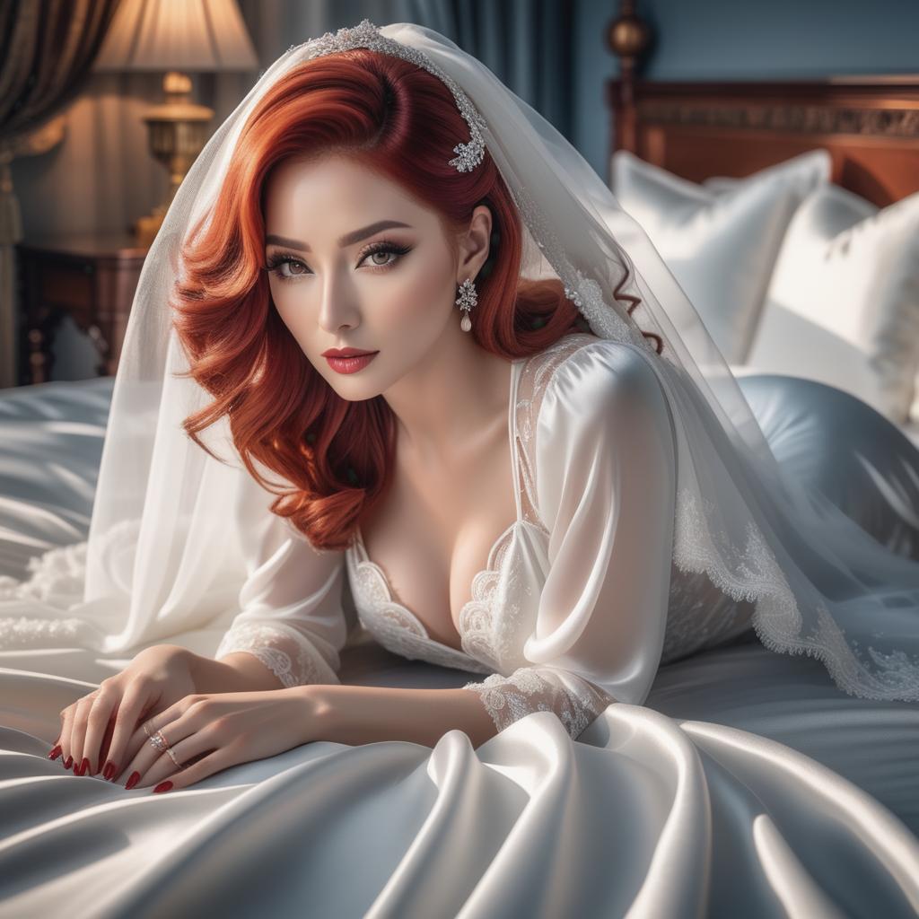  white silk nightgown, veil, woman with shorter red hair, lying on the bed, hyperrealistic, full body, detailed clothing, highly detailed, cinematic lighting, stunningly beautiful, intricate, sharp focus, f/1. 8, 85mm, (centered image composition), (professionally color graded), ((bright soft diffused light)), volumetric fog, trending on instagram, trending on tumblr, HDR 4K, 8K