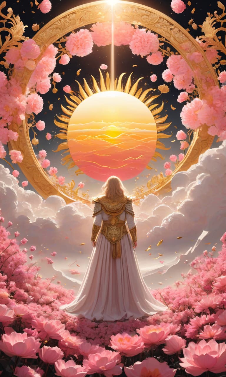  concept art color pink, white, black, gold the cleopold holds a huge sun in his hands, a sunset, a sea of flowers, a very large sun . digital artwork, illustrative, painterly, matte painting, highly detailed, perfect hands