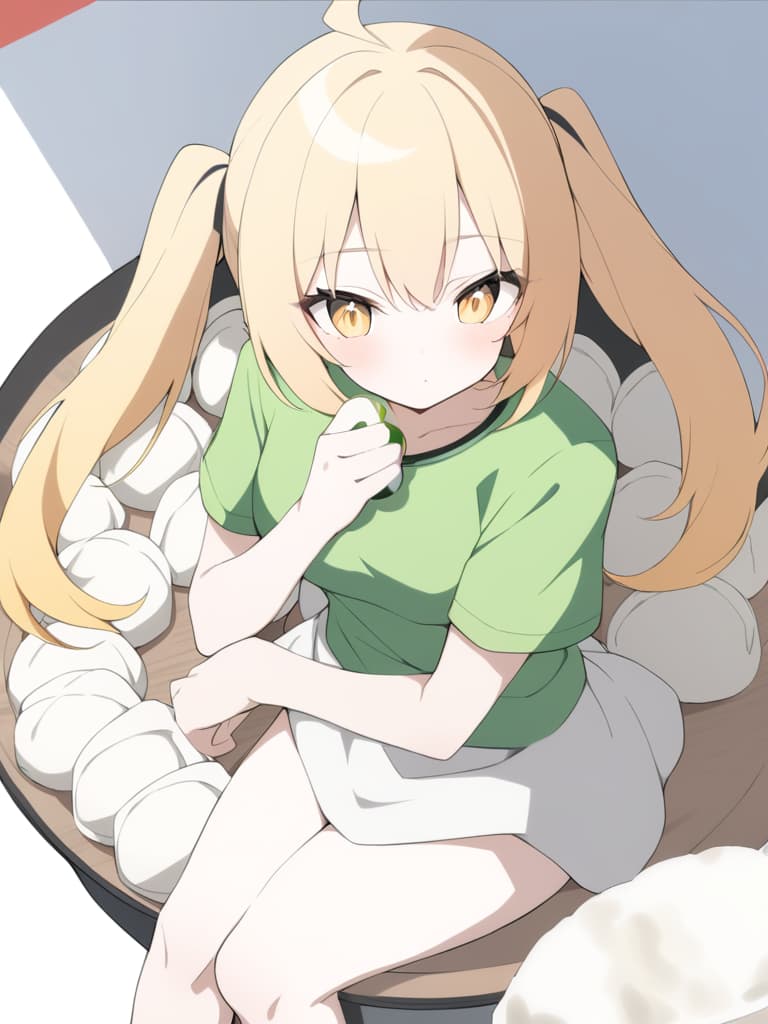  concentration, high resolution, (anime style: 1.1), (required work), ((maximum quality)), (super detail, (beautiful), beautiful face, beautiful girls, (((twin tail)), ((twin tail) , dumpling, yellow hair,)) (green baseball shirt, ((((whole body)))) (((whole body))) ((1 girl)) (((()))))))