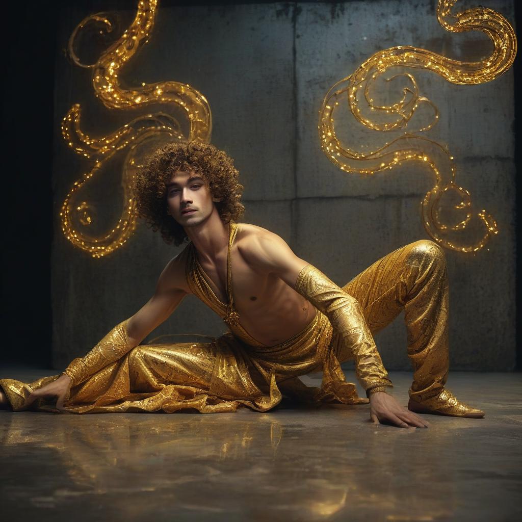  the curly wiggly, pretty male dancer is dressed in a beautiful golden outdoor female costume for oriental dances and lies in a spectacular pose on a dirty concrete floor in a dark room, the young man is illuminated by neon lights