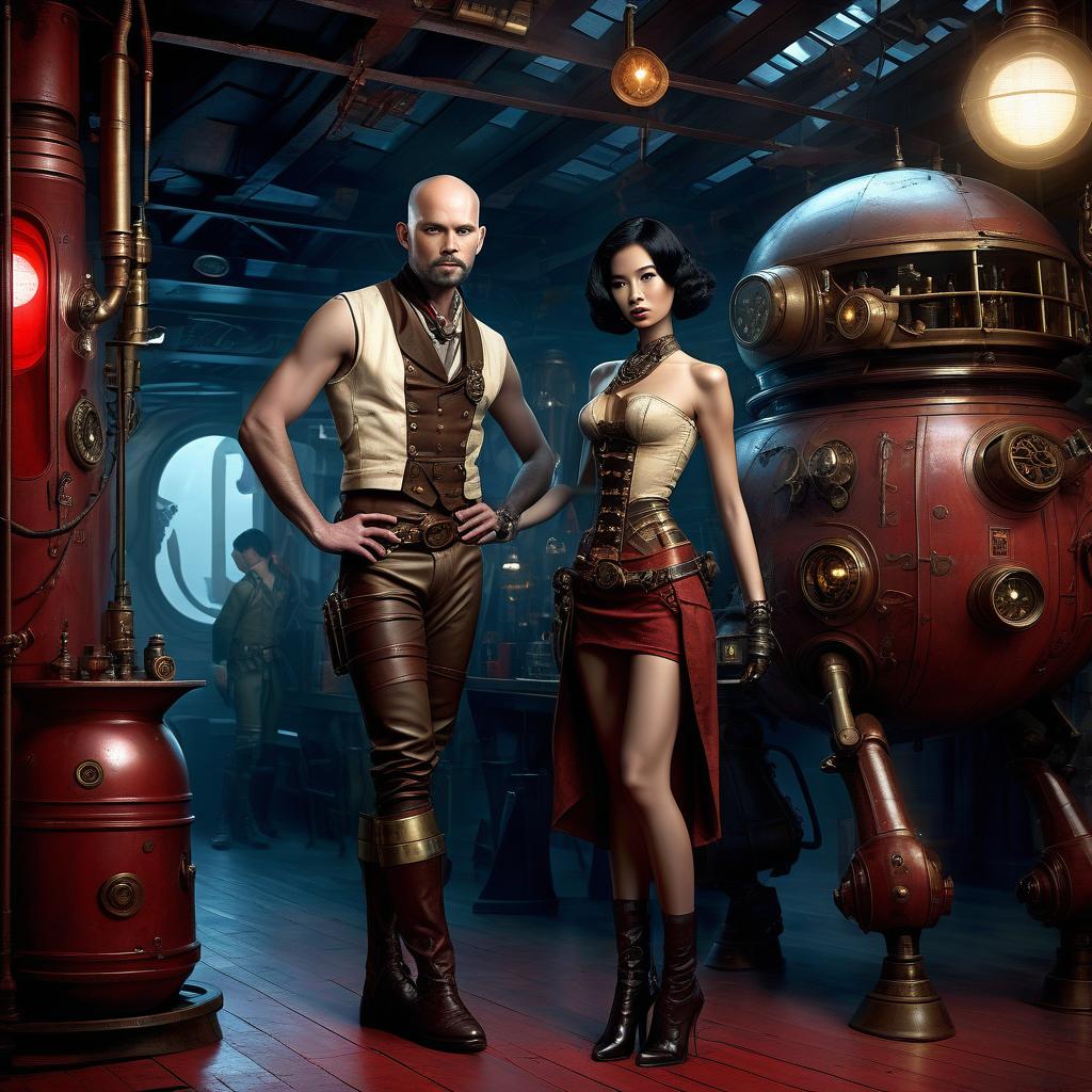  nautical themed a group of smugglers, a young of thai appearance, 20 year, small , elegant thin waist, long slender legs, black hair. a man with a , 40 year, small growth, bald, black. next to the droid and minotaur. full length image, steampunk, dieselpunk, paropunk, standing in a space tavern, against a background of red light. . sea, ocean, ships, maritime, beach, marine life, highly detailed