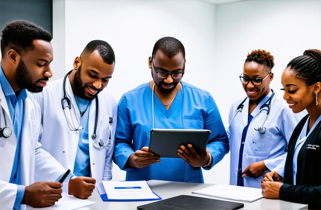  professional detailed photography, multiethnic doctors engaged in collaborative medical consultation, discuss patient disease diagnose or treatment plan, reviewing information, focusing on tablet. teamwork, modern tech in healthcare ar 3:2, (muted colors, dim colors, soothing tones), (vsco:0.3)