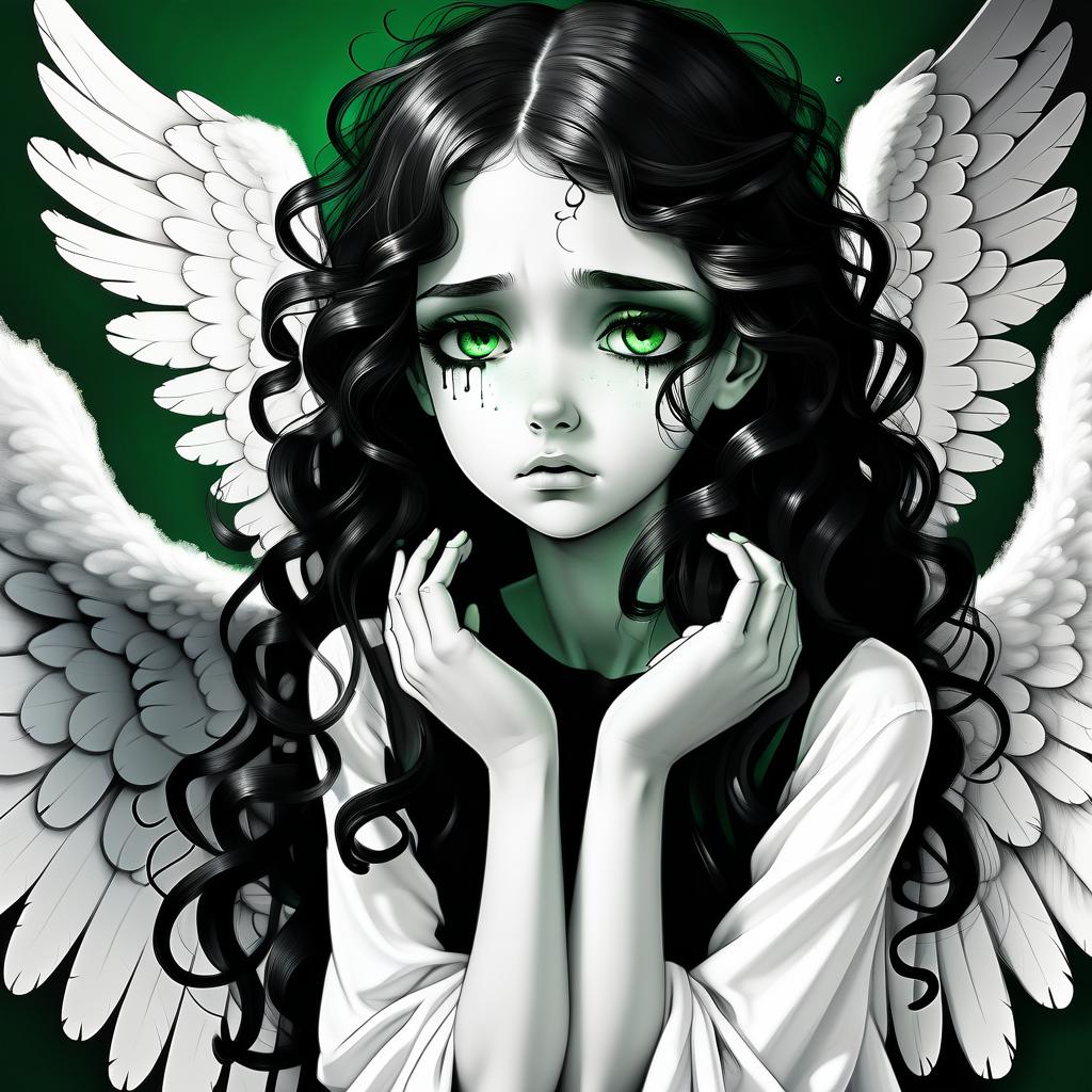  1) a very sad angel in tears, 2) one wing white, the other black, open (3) curly black and white hair, the right half of the hair on the head is white, the left half of the hair on the head is black. 4) angel takes off (5) black and white art 6) green eyes remaining black and white (7) in wounds