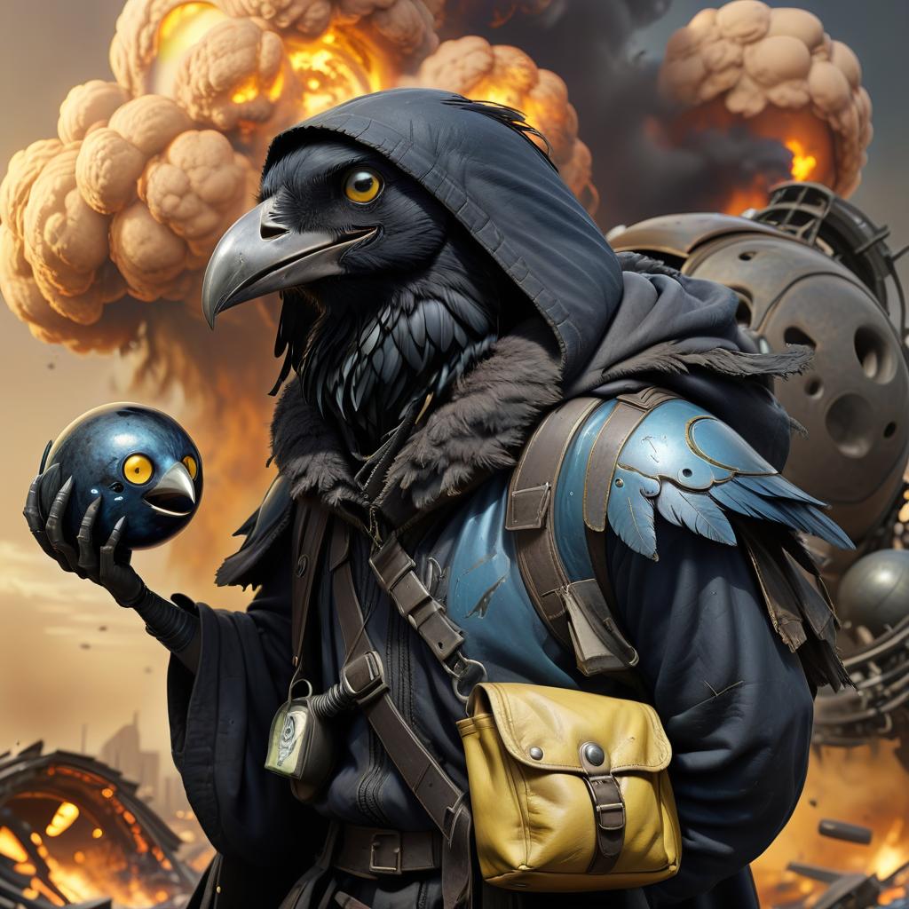  dystopian style black with blue tint avian humanoid race with raven head alchemist, torn cape, mischievous yellow eyes, smiling, rags and leather cloak with lots of pockets, big backpack with pockets, black bowling ball in hand, nuclear explosions and detonation blasts . bleak, post apocalyptic, somber, dramatic, highly detailed, civitai