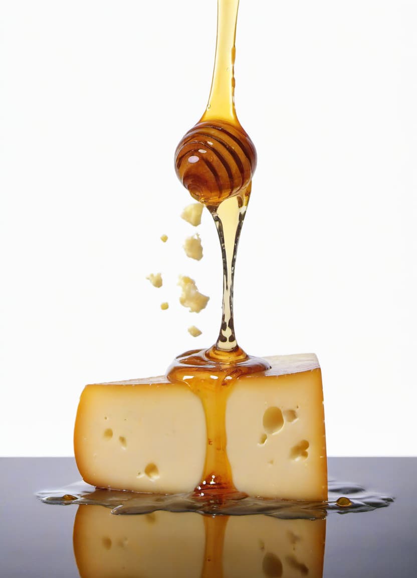  food photography style the cheese is poured with honey beautiful reflection . appetizing, professional, culinary, high resolution, commercial, highly detailed, film photography style