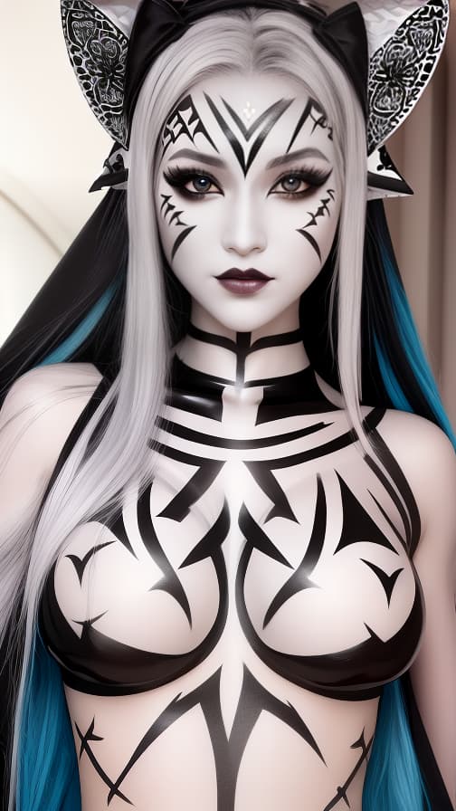  Chessboard check body paint in every corner of the body, Silver body paint all over the body,White face paint on the face, Dark elf 女性