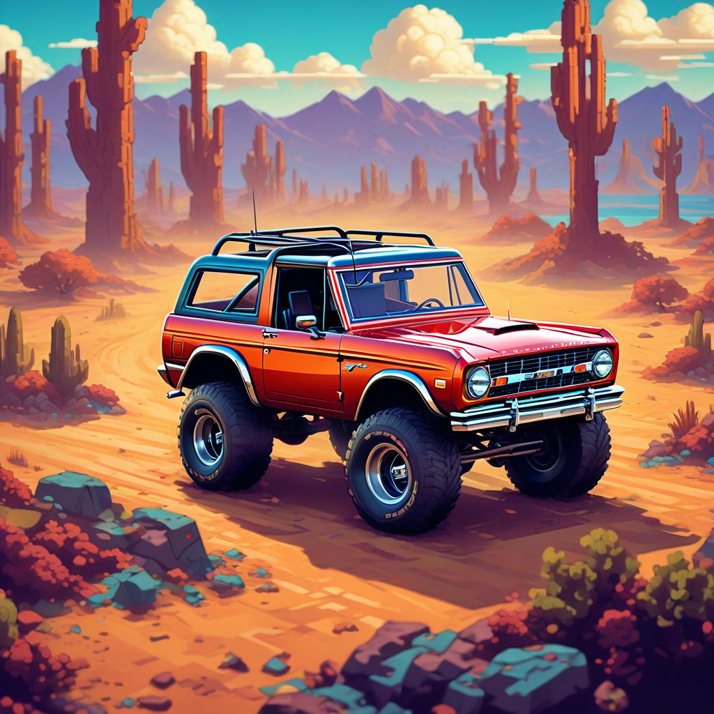  retro game art брутальный ford bronco mustang . 16 bit, vibrant colors, pixelated, nostalgic, charming, fun